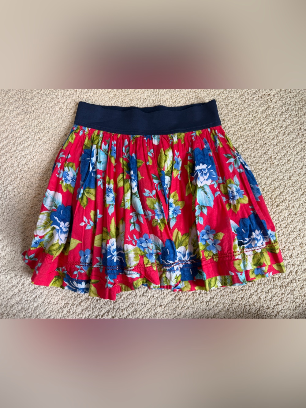 Abercrombie & Fitch Red Floral Circle Skirt with Navy Waistband